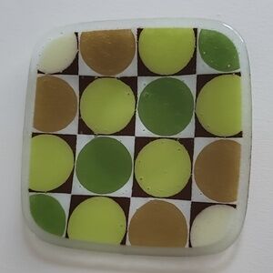 Peggy Karr Fuzion Green Dot Square Fused Glass Plate 8" Signed